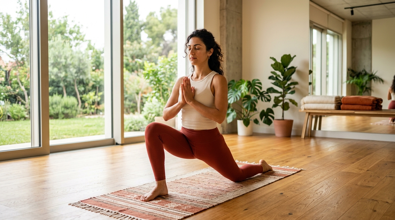 Ήρεμη στιγμή πρακτικής yoga σε φωτεινό στούντιο