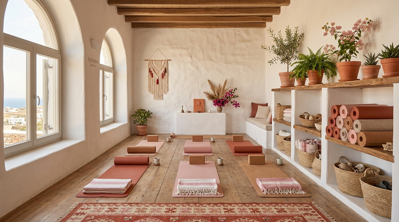 Φωτεινό στούντιο yoga nerodrift με ζεστά φυσικά υλικά